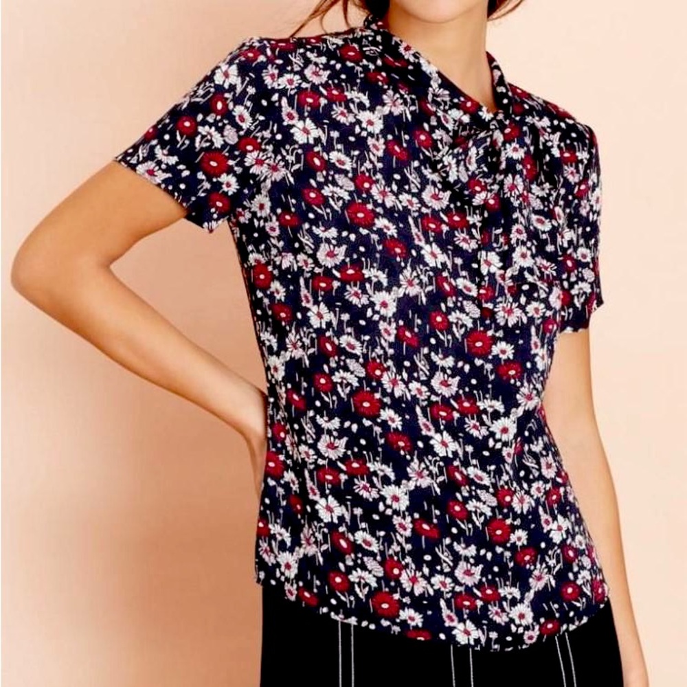 BROOKS BROTHERS Navy Floral Print Crepe Tie-Neck Short Sleeve Blouse